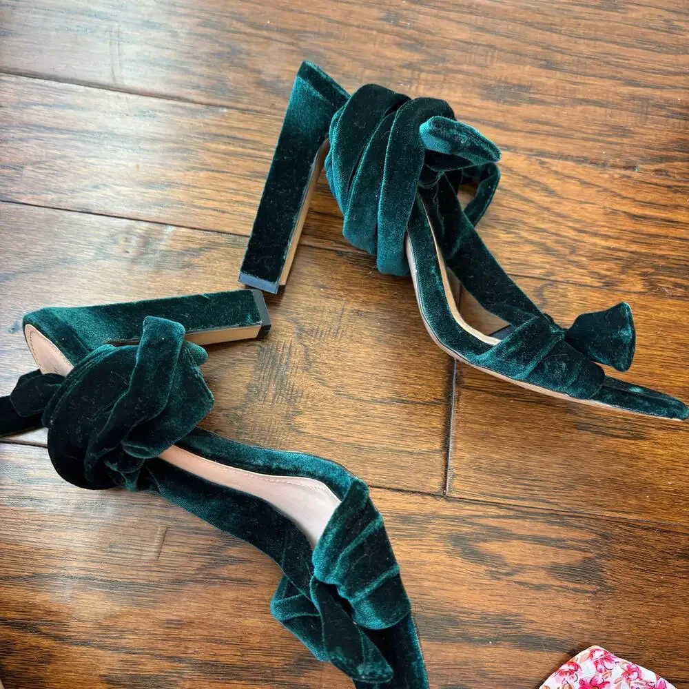 ZARA Emerald Green Velvet Bow Sandals Lace Up Ankle Tie Block Heels Size‎ 10